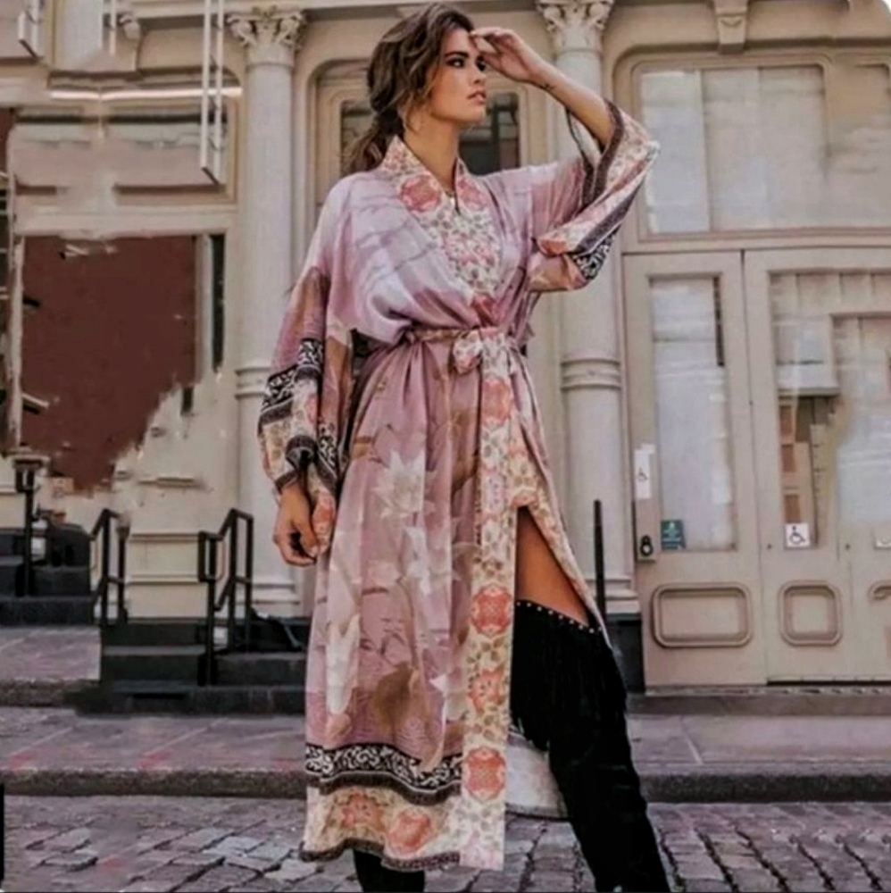 NEW Bohemian Vintage Floral Kimono Maxi Duster Dusty Pink Black - Picture 2 of 9